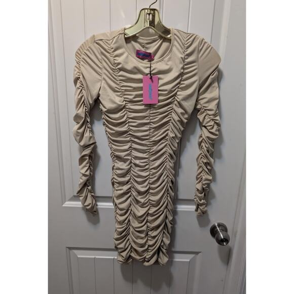 Edikted Dresses & Skirts - Edikted Long Sleeve Ruched Dollie Sexy Mini Dress Beige Size XS Party Clubwear